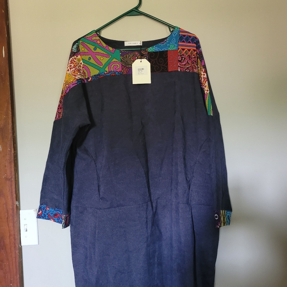Cellabie Navy Corduroy Dress w/Colorful Yoke/Cuffs